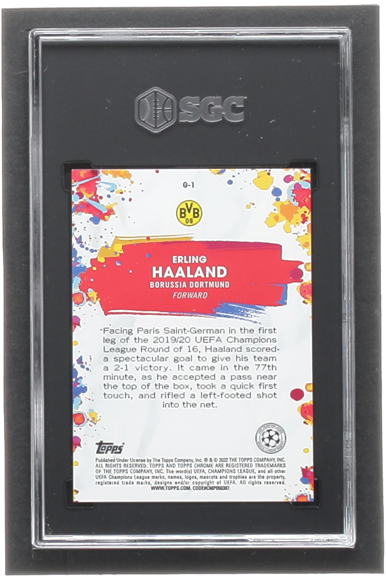 Erling Haaland 2021-22 Topps Chrome UEFA Champions League Golazo #G1 (SGC 10) at PristineAuction.com Erling Haaland 2021-22 Topps Chrome UEFA Champions League Golazo #G1 (SGC 10) at PristineAuction.com
