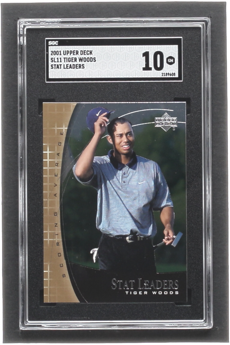 Tiger Woods 2001 Upper Deck Stat Leaders #SL11 RC (SGC 10) at PristineAuction.com Tiger Woods 2001 Upper Deck Stat Leaders #SL11 RC (SGC 10) at PristineAuction.com