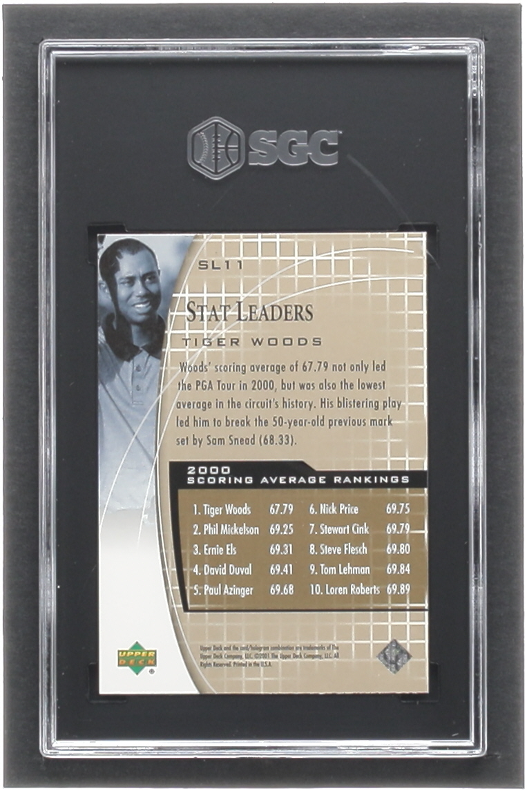 Tiger Woods 2001 Upper Deck Stat Leaders #SL11 RC (SGC 10) at PristineAuction.com Tiger Woods 2001 Upper Deck Stat Leaders #SL11 RC (SGC 10) at PristineAuction.com