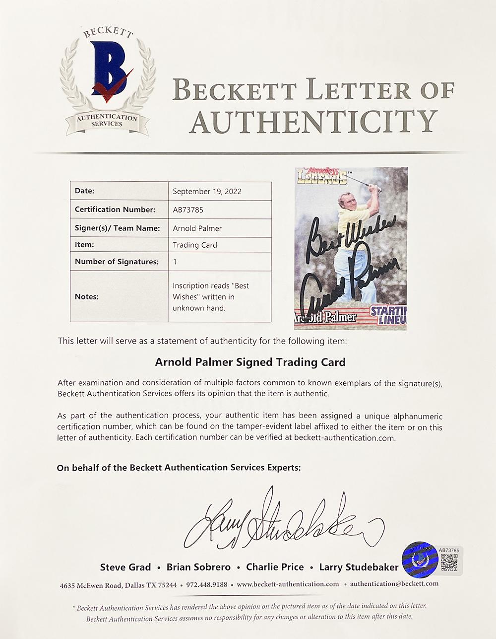 Arnold Palmer Signed Starting Lineup Action Figure with 1995 Starting Lineup Timeless Legends Card Inscribed "Best Wishes" (Beckett) at PristineAuction.com Arnold Palmer Signed Starting Lineup Action Figure with 1995 Starting Lineup Timeless Legends Card Inscribed "Best Wishes" (Beckett) at PristineAuction.com