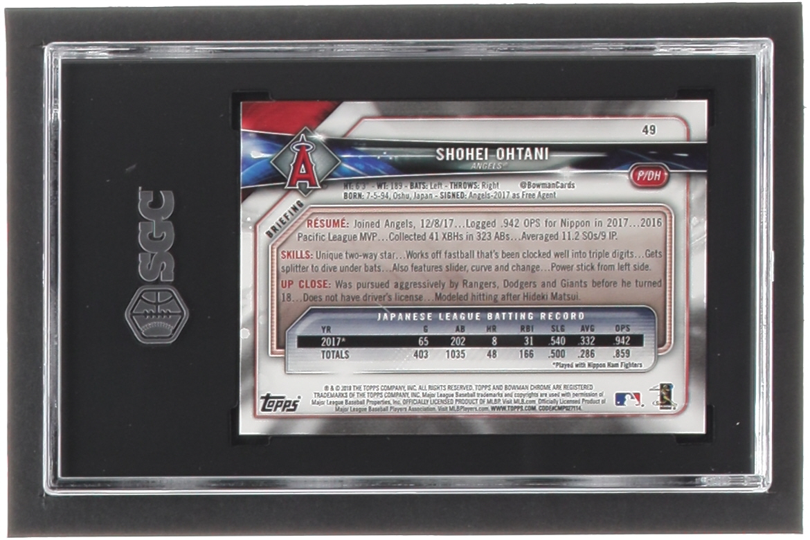 Shohei Ohtani 2018 Bowman #49 RC (SGC 9.5) at PristineAuction.com Shohei Ohtani 2018 Bowman #49 RC (SGC 9.5) at PristineAuction.com