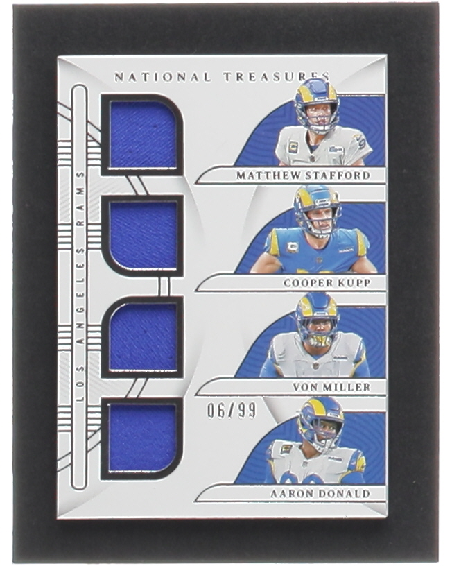 Matthew Stafford / Aaron Donald / Cooper Kupp / Von Miller 2022 Panini National Treasures NFL Gear Quad Materials #12 #06/99 at PristineAuction.com Matthew Stafford / Aaron Donald / Cooper Kupp / Von Miller 2022 Panini National Treasures NFL Gear Quad Materials #12 #06/99 at PristineAuction.com