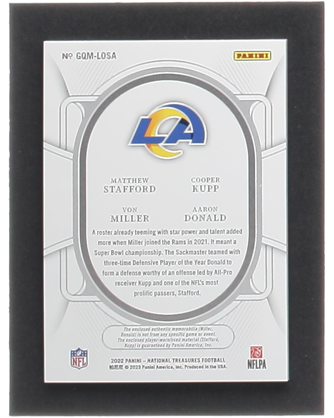 Matthew Stafford / Aaron Donald / Cooper Kupp / Von Miller 2022 Panini National Treasures NFL Gear Quad Materials #12 #06/99 at PristineAuction.com Matthew Stafford / Aaron Donald / Cooper Kupp / Von Miller 2022 Panini National Treasures NFL Gear Quad Materials #12 #06/99 at PristineAuction.com