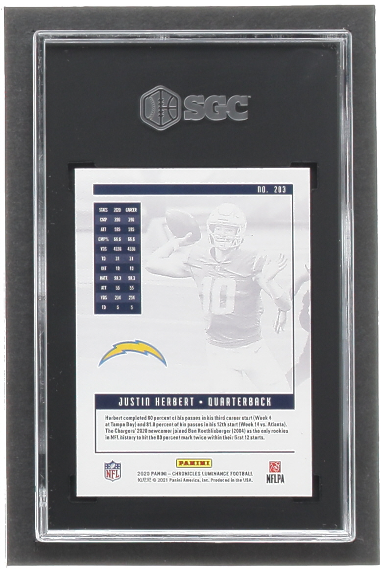 Justin Herbert 2020 Panini Luminance #203 Chronicles RC (SGC 10) at PristineAuction.com Justin Herbert 2020 Panini Luminance #203 Chronicles RC (SGC 10) at PristineAuction.com