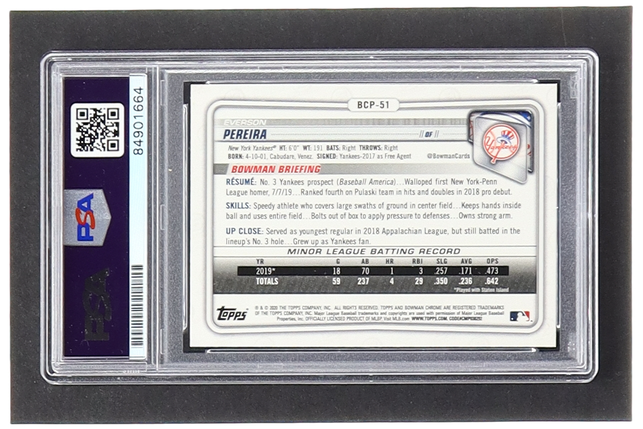 Everson Pereira Signed 2020 Bowman Chrome Prospects #BCP51 RC (PSA) at PristineAuction.com Everson Pereira Signed 2020 Bowman Chrome Prospects #BCP51 RC (PSA) at PristineAuction.com