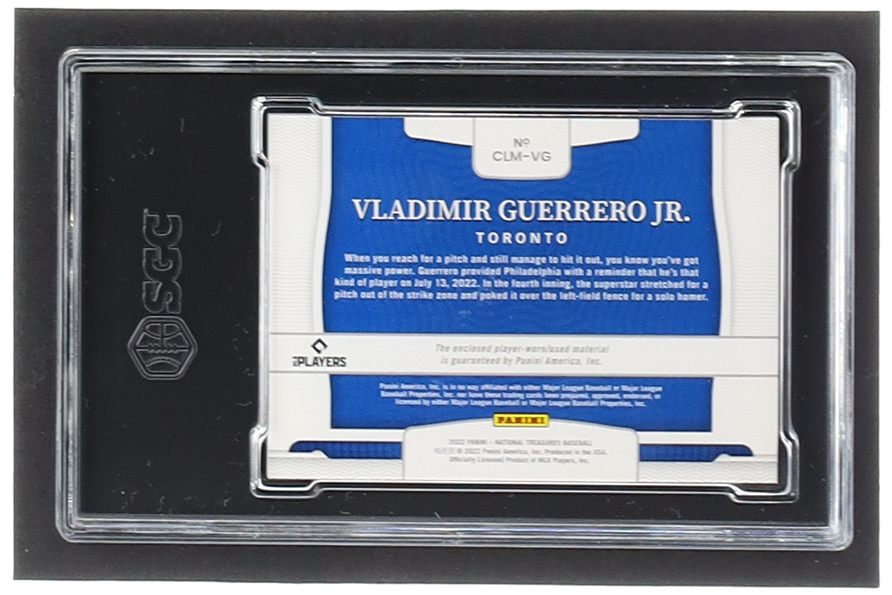 Vladimir Guerrero Jr. 2022 Panini National Treasures Colossal Materials #2 #22/99 (SGC 10) at PristineAuction.com Vladimir Guerrero Jr. 2022 Panini National Treasures Colossal Materials #2 #22/99 (SGC 10) at PristineAuction.com