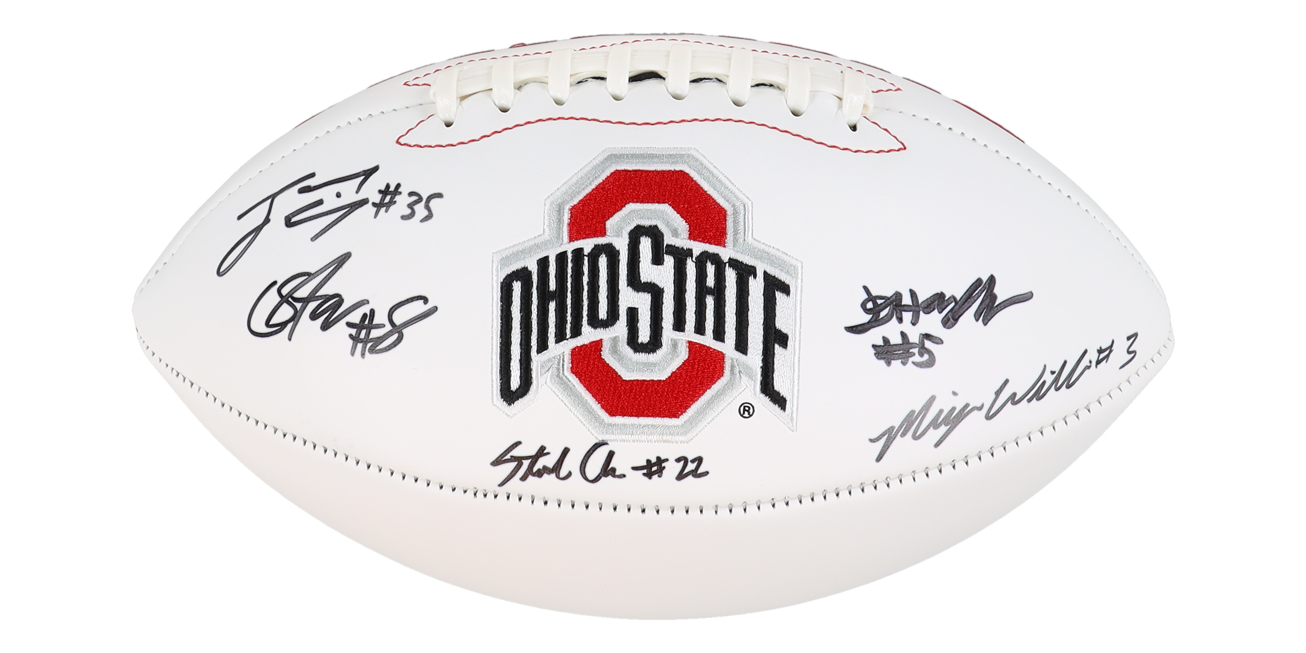 Ohio State Buckeyes Logo Football Signed By (5) with Miyan Williams, Cade Stover, Tommy Eichenberg, Steele Chambers (Playball Ink) at PristineAuction.com Ohio State Buckeyes Logo Football Signed By (5) with Miyan Williams, Cade Stover, Tommy Eichenberg, Steele Chambers (Playball Ink) at PristineAuction.com