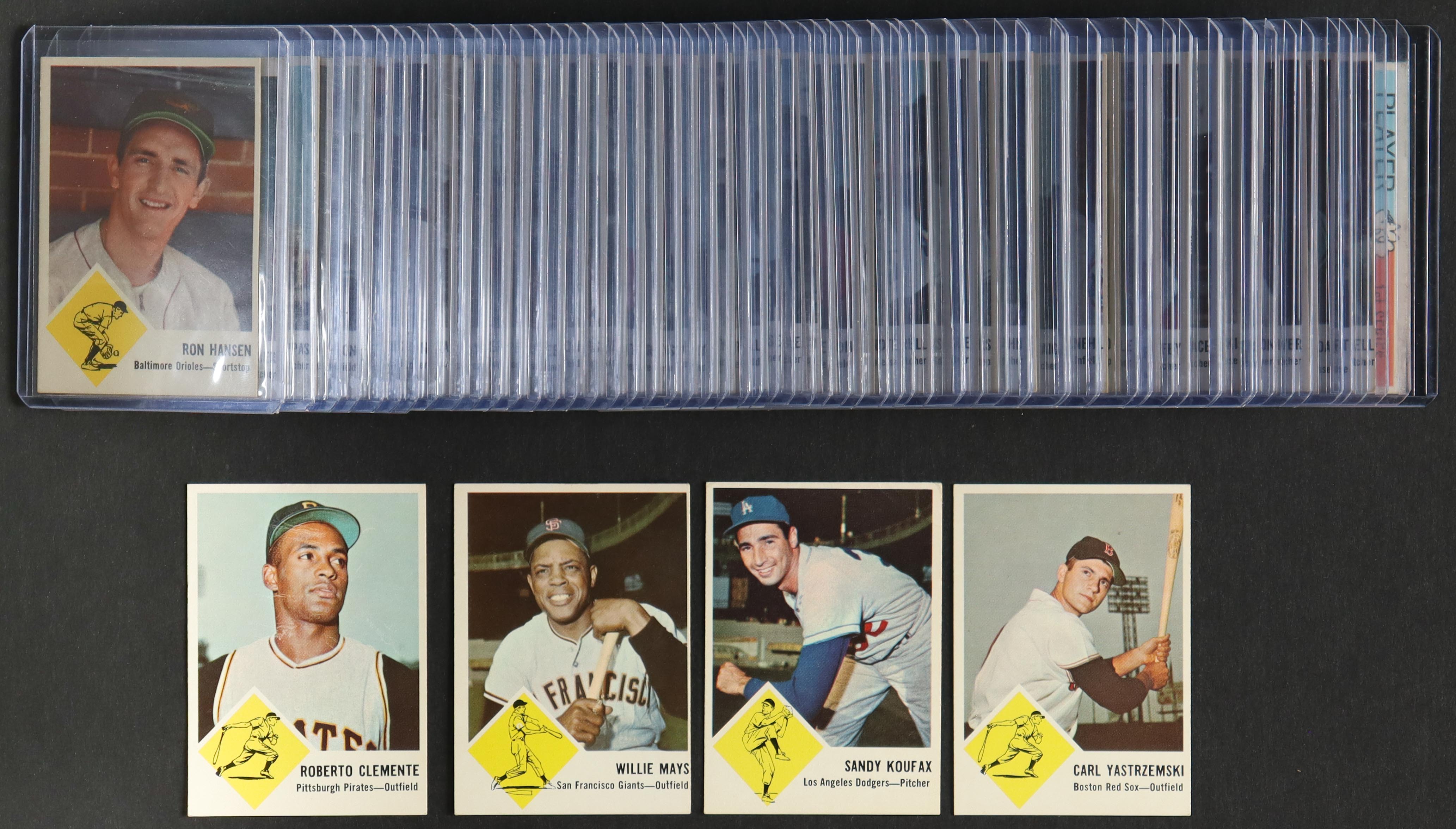 1963 Fleer Baseball Complete Set of (67) Cards With Willie Mays #5, Roberto Clemente #56, Sandy Koufax #42, Carl Yastrzemski #8 at PristineAuction.com 1963 Fleer Baseball Complete Set of (67) Cards With Willie Mays #5, Roberto Clemente #56, Sandy Koufax #42, Carl Yastrzemski #8 at PristineAuction.com