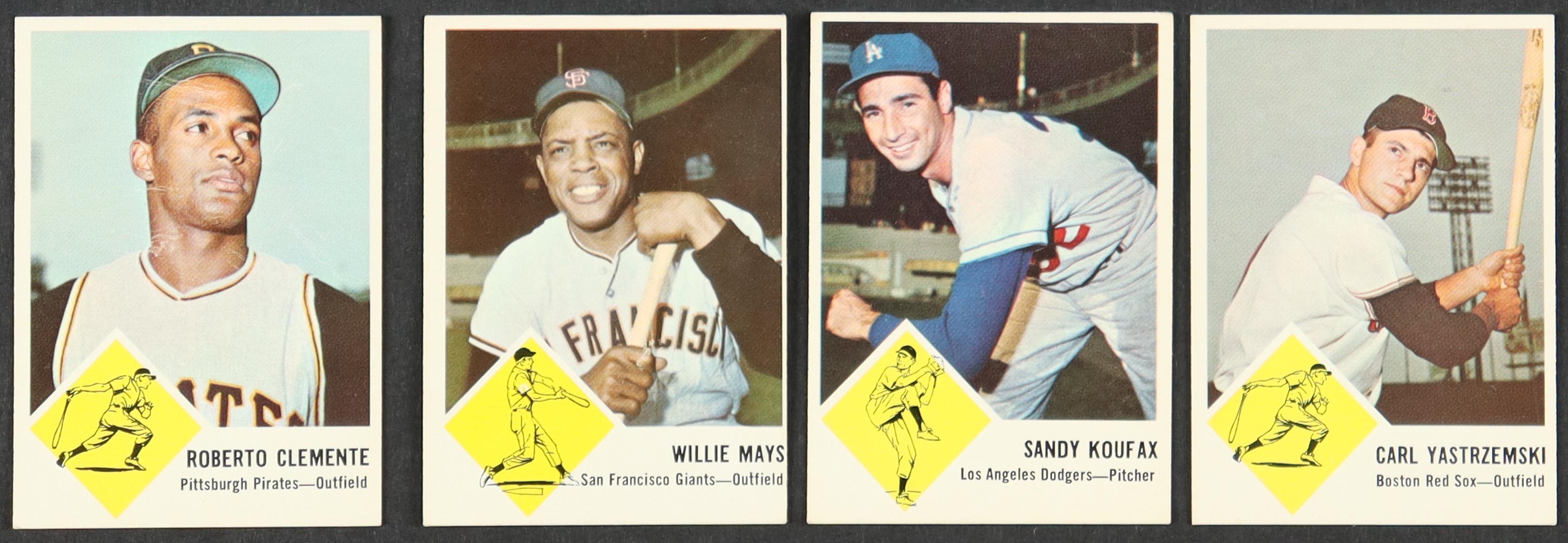 1963 Fleer Baseball Complete Set of (67) Cards With Willie Mays #5, Roberto Clemente #56, Sandy Koufax #42, Carl Yastrzemski #8 at PristineAuction.com 1963 Fleer Baseball Complete Set of (67) Cards With Willie Mays #5, Roberto Clemente #56, Sandy Koufax #42, Carl Yastrzemski #8 at PristineAuction.com