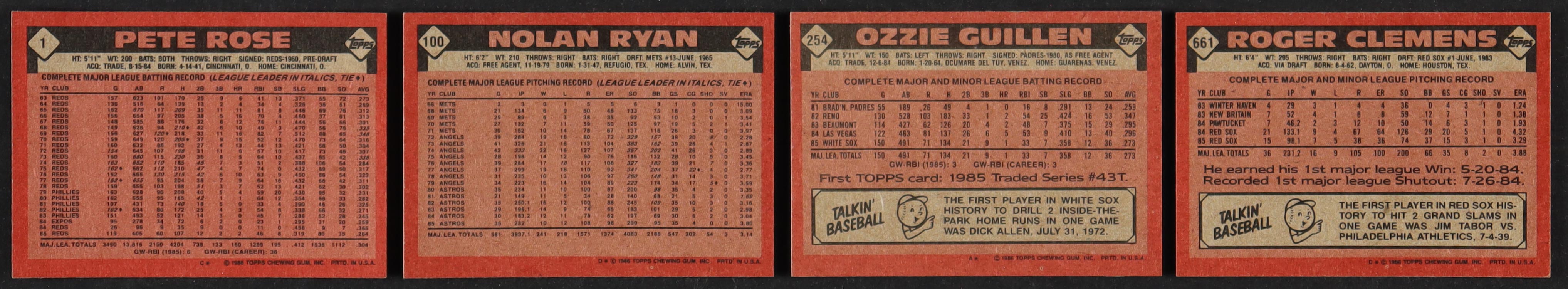 1986 Topps Complete Set of (792) Baseball Cards with Pete Rose #1, Nolan Ryan #100, Ozzie Guillen #254, Roger Clemens #661 at PristineAuction.com 1986 Topps Complete Set of (792) Baseball Cards with Pete Rose #1, Nolan Ryan #100, Ozzie Guillen #254, Roger Clemens #661 at PristineAuction.com