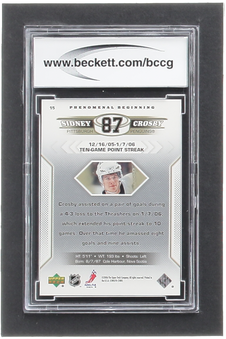 Sidney Crosby 2005-06 Upper Deck Phenomenal Beginnings #15 RC (BCCG 10) at PristineAuction.com Sidney Crosby 2005-06 Upper Deck Phenomenal Beginnings #15 RC (BCCG 10) at PristineAuction.com