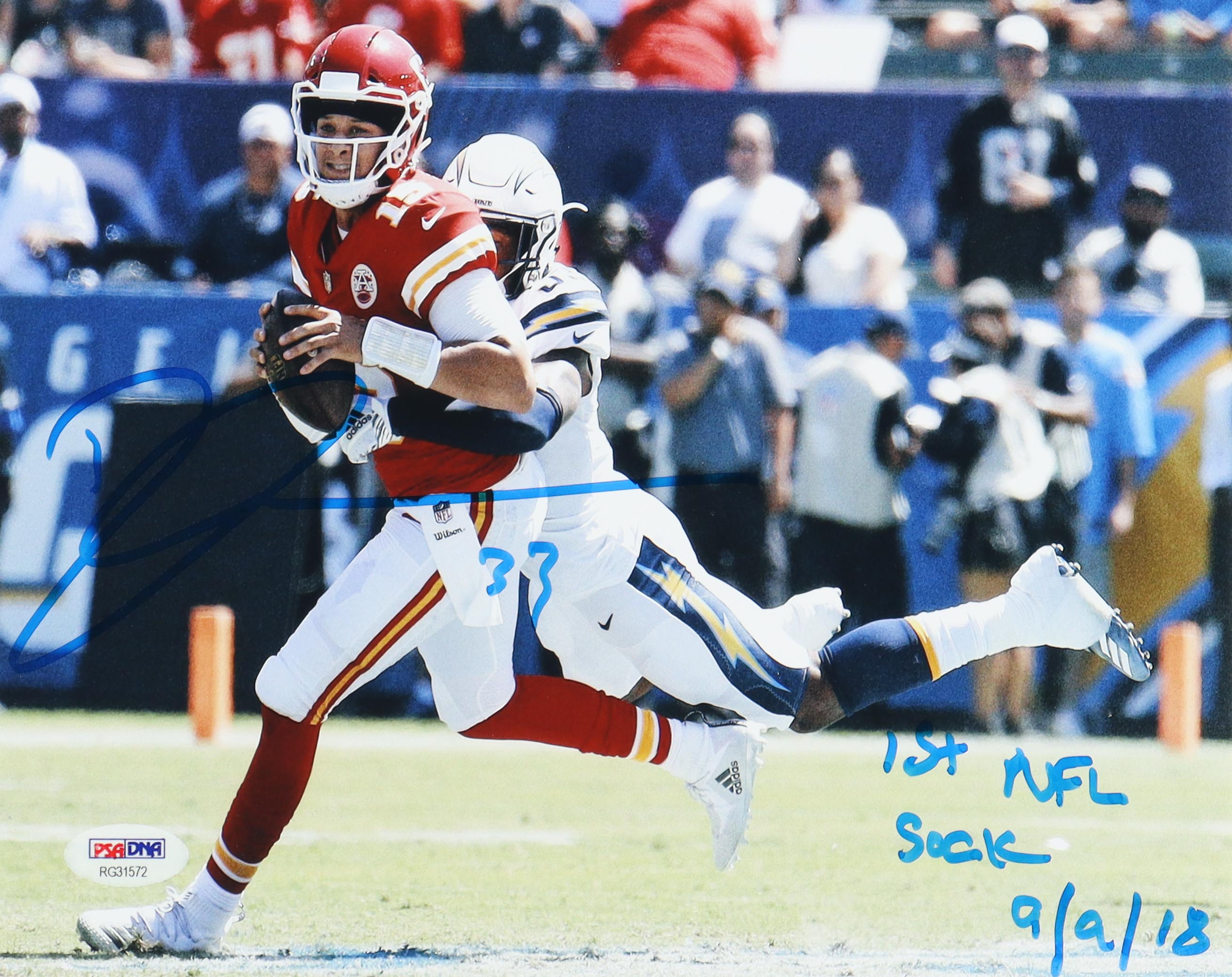 Derwin James Signed Chargers 8x10 Photo Inscribed "1st NFL Sack 9/9/18" (PSA) at PristineAuction.com Derwin James Signed Chargers 8x10 Photo Inscribed "1st NFL Sack 9/9/18" (PSA) at PristineAuction.com