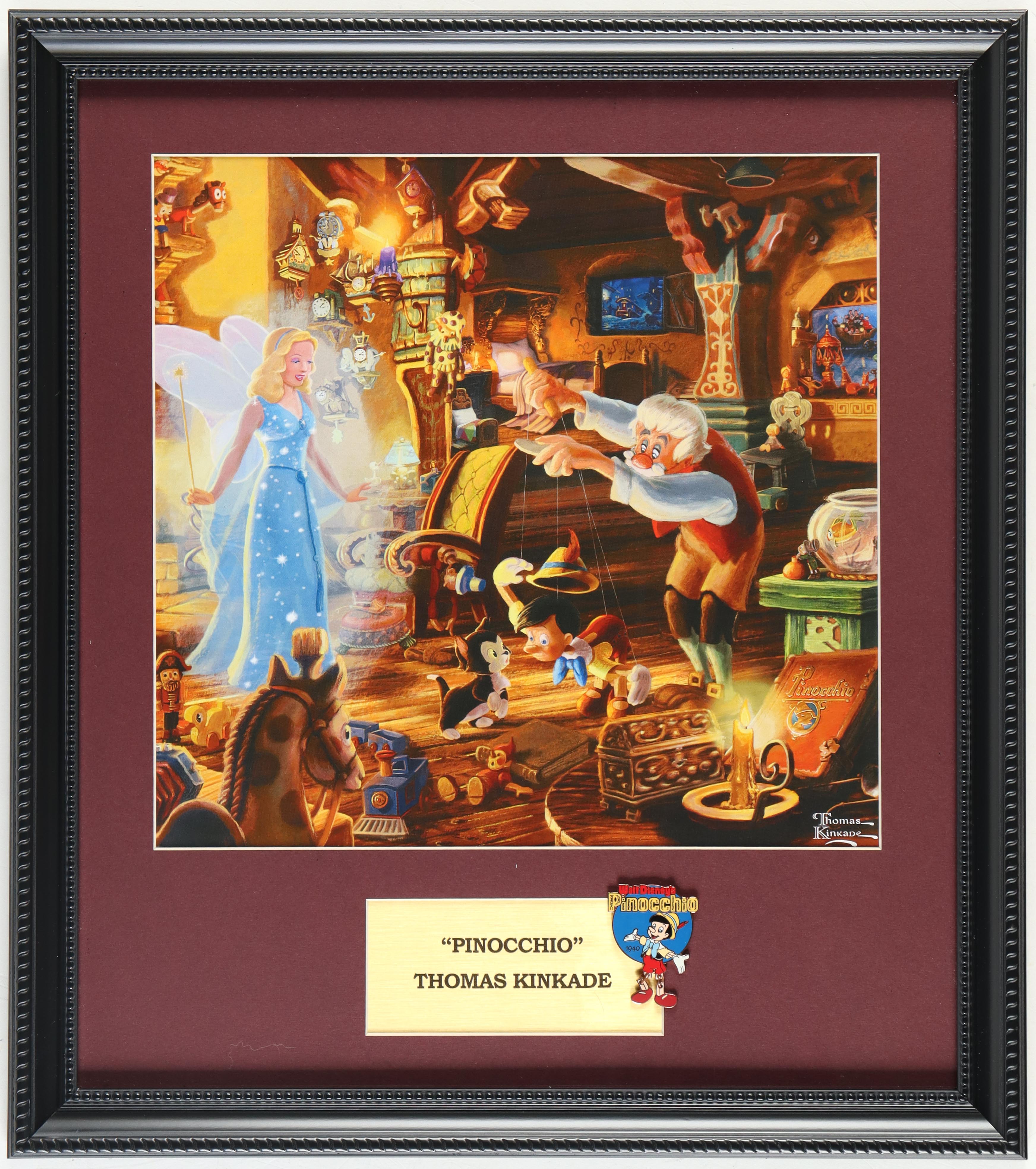 Thomas Kinkade "Pinnochio" Custom Frame Print Display with "Pinocchio" Hanging Feet Motion Pin at PristineAuction.com Thomas Kinkade "Pinnochio" Custom Frame Print Display with "Pinocchio" Hanging Feet Motion Pin at PristineAuction.com