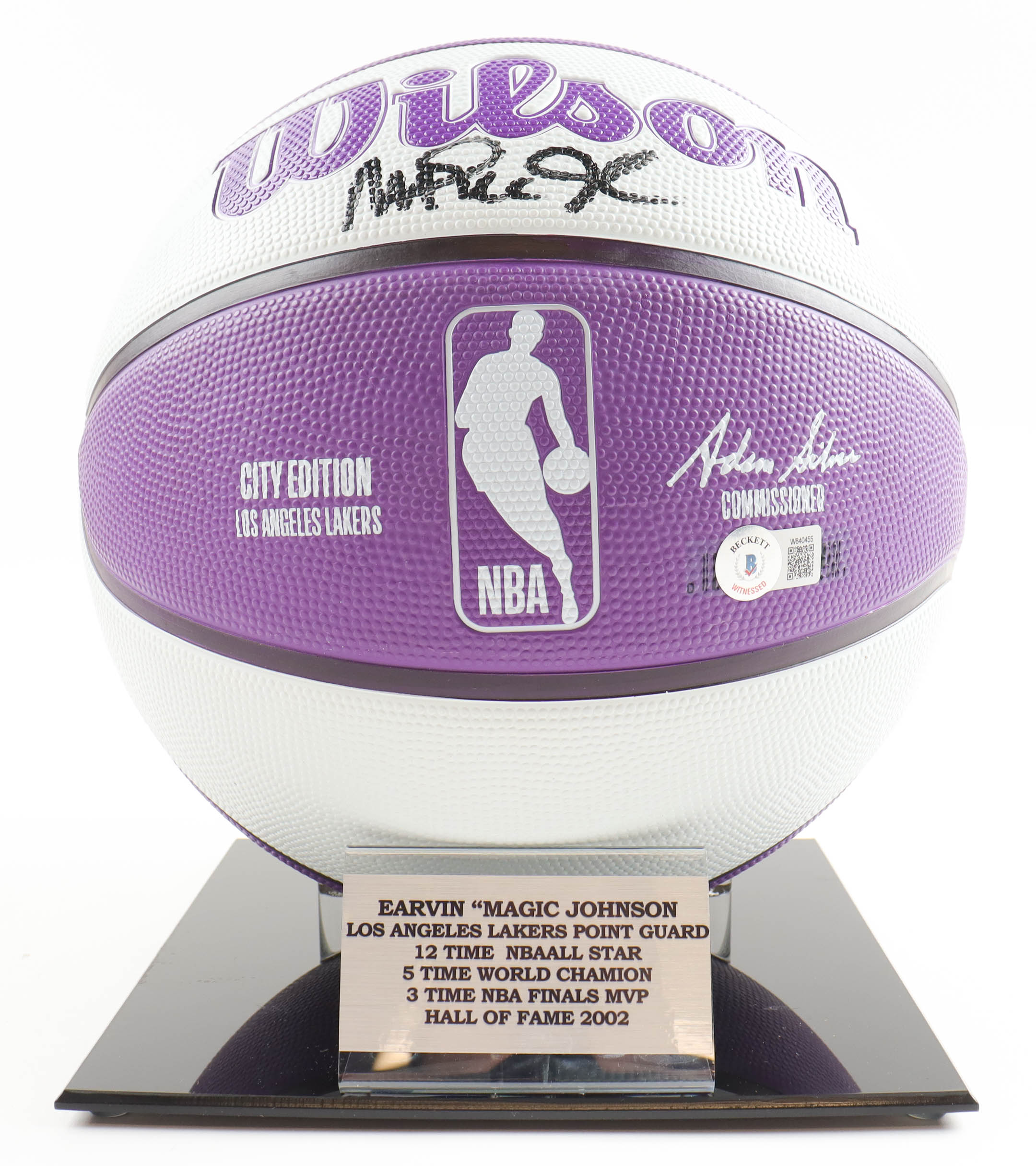 Magic Johnson Signed Lakers Logo NBA Basketball With Name Plate & Acrylic Stand (Beckett) at PristineAuction.com Magic Johnson Signed Lakers Logo NBA Basketball With Name Plate & Acrylic Stand (Beckett) at PristineAuction.com