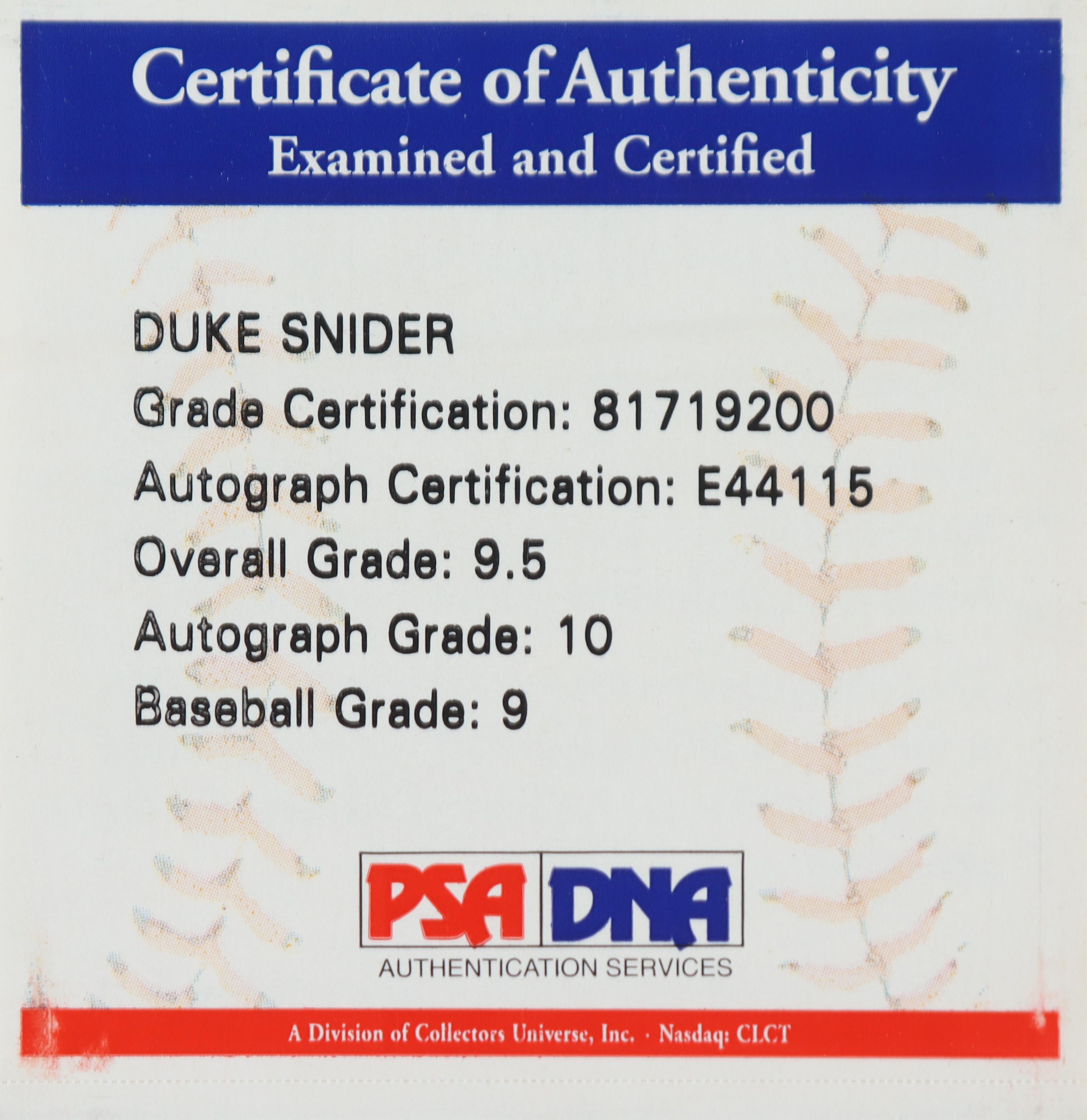 Duke Snider Signed ONL Baseball with Display Case (PSA - Graded 9.5) at PristineAuction.com Duke Snider Signed ONL Baseball with Display Case (PSA - Graded 9.5) at PristineAuction.com