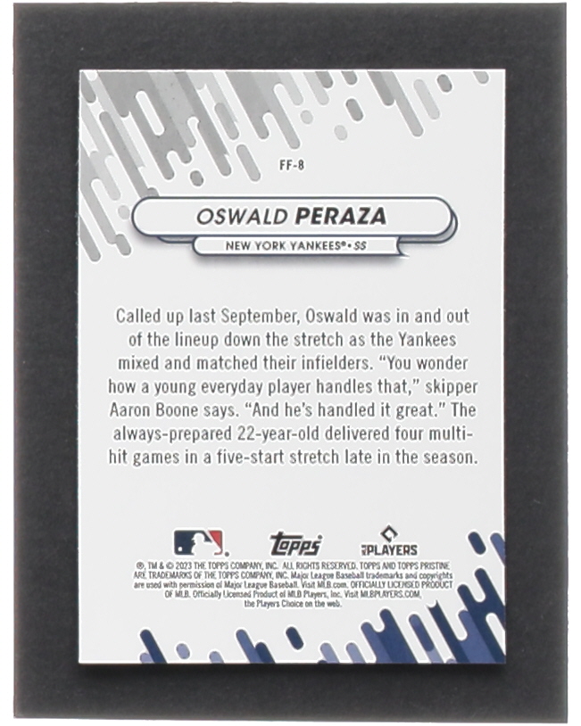Oswald Peraza 2023 Topps Pristine Fresh Faces #FF8 RC at PristineAuction.com Oswald Peraza 2023 Topps Pristine Fresh Faces #FF8 RC at PristineAuction.com