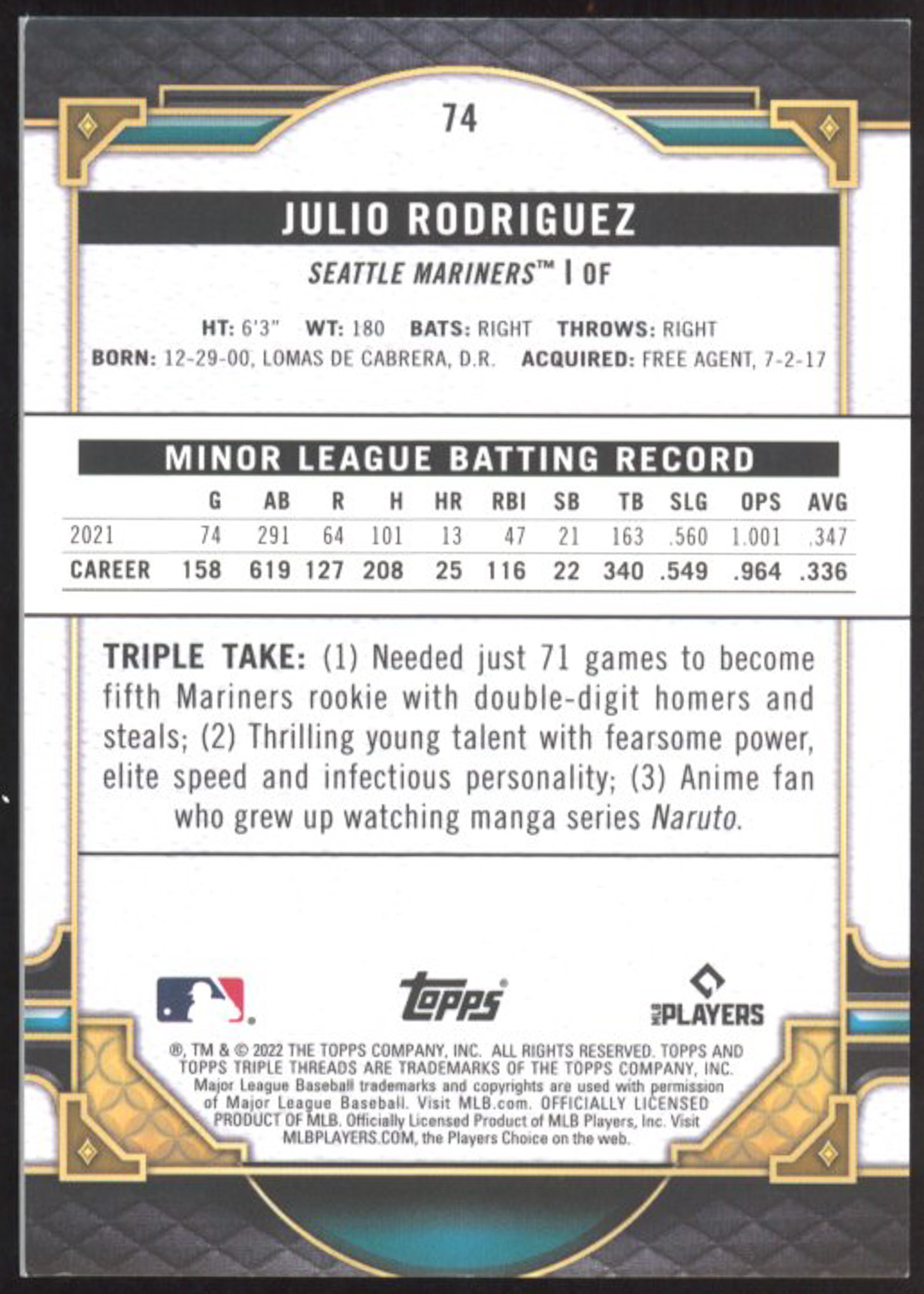 Julio Rodriguez 2022 Topps Triple Threads Aquamarine #74 #150/150 RC at PristineAuction.com Julio Rodriguez 2022 Topps Triple Threads Aquamarine #74 #150/150 RC at PristineAuction.com