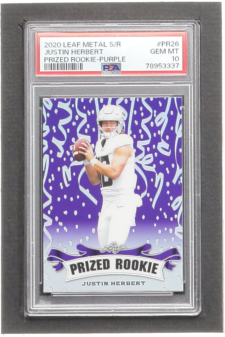 Justin Herbert 2020 Leaf Metal Special Release Prized Rookie Rainbow Purple #PR2026 RC #3/15 (PSA 10) at PristineAuction.com Justin Herbert 2020 Leaf Metal Special Release Prized Rookie Rainbow Purple #PR2026 RC #3/15 (PSA 10) at PristineAuction.com