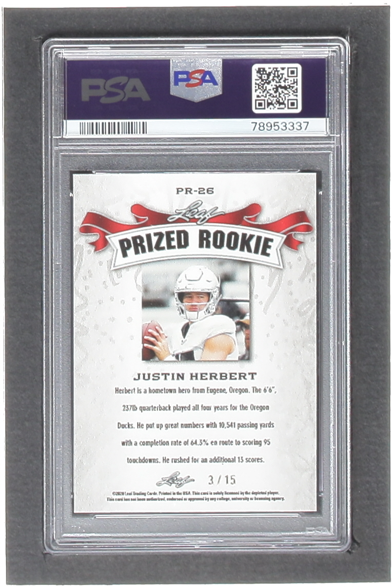 Justin Herbert 2020 Leaf Metal Special Release Prized Rookie Rainbow Purple #PR2026 RC #3/15 (PSA 10) at PristineAuction.com Justin Herbert 2020 Leaf Metal Special Release Prized Rookie Rainbow Purple #PR2026 RC #3/15 (PSA 10) at PristineAuction.com
