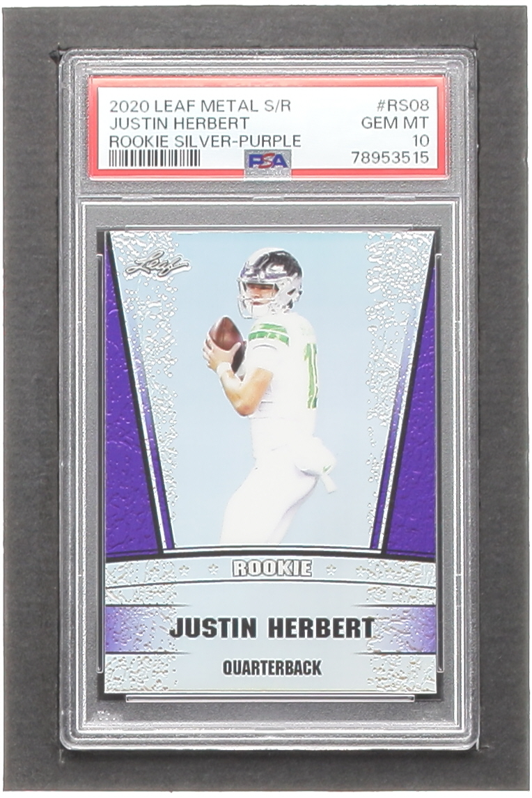 Justin Herbert 2020 Leaf Metal Special Release Rookie Silver Rainbow Purple #SR2008 RC #10/15 (PSA 10) at PristineAuction.com Justin Herbert 2020 Leaf Metal Special Release Rookie Silver Rainbow Purple #SR2008 RC #10/15 (PSA 10) at PristineAuction.com