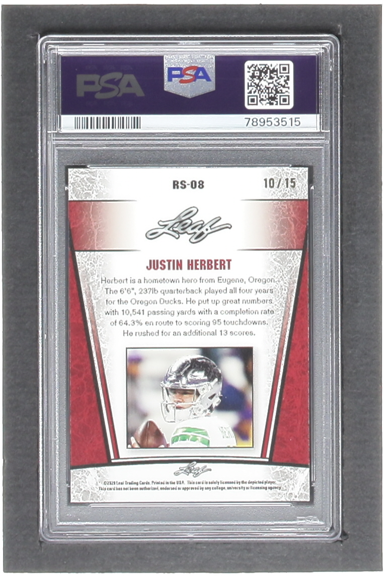Justin Herbert 2020 Leaf Metal Special Release Rookie Silver Rainbow Purple #SR2008 RC #10/15 (PSA 10) at PristineAuction.com Justin Herbert 2020 Leaf Metal Special Release Rookie Silver Rainbow Purple #SR2008 RC #10/15 (PSA 10) at PristineAuction.com