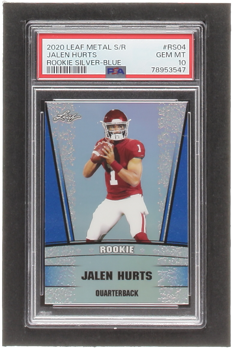 Jalen Hurts 2020 Leaf Metal Special Release Rookie Silver Rainbow Blue #SR2004 RC #1/20 (PSA 10) at PristineAuction.com Jalen Hurts 2020 Leaf Metal Special Release Rookie Silver Rainbow Blue #SR2004 RC #1/20 (PSA 10) at PristineAuction.com