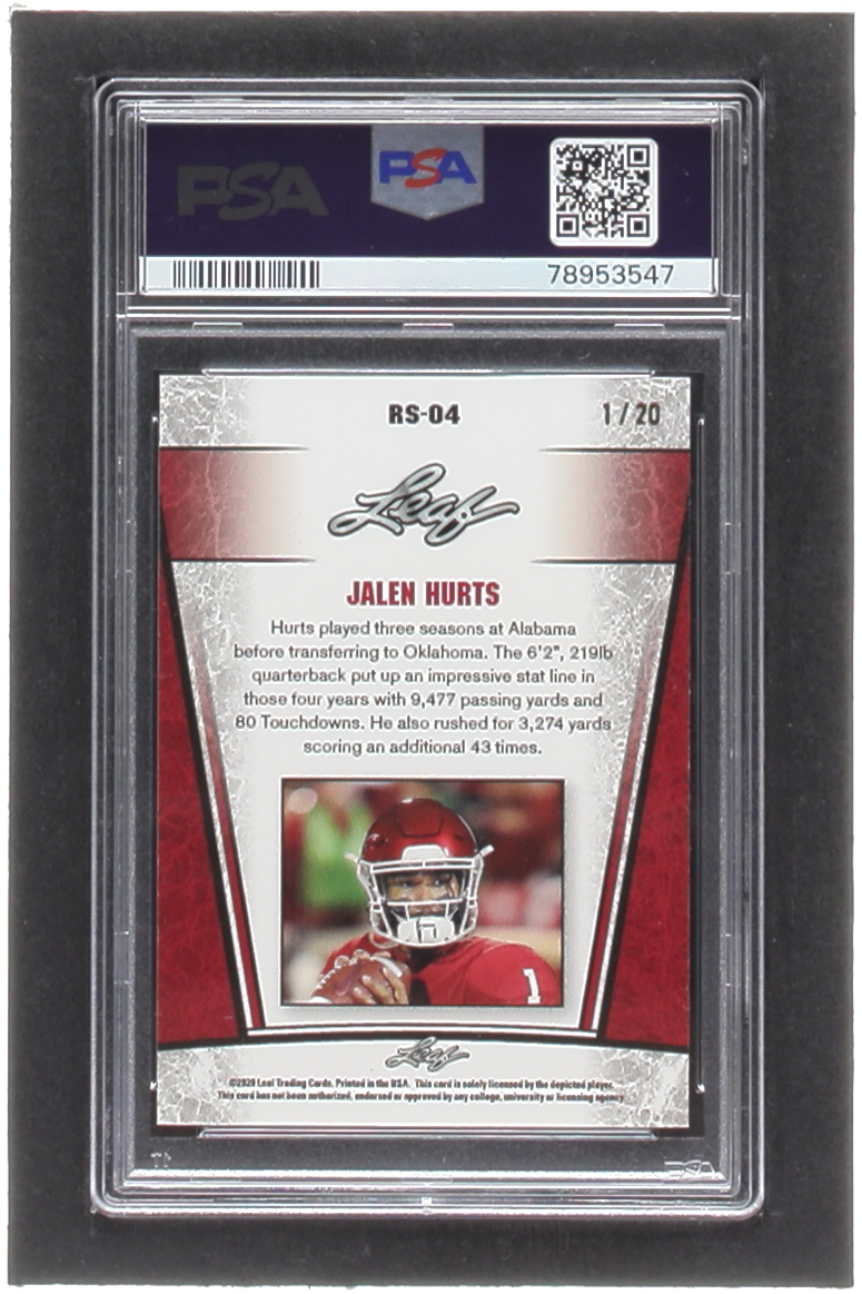 Jalen Hurts 2020 Leaf Metal Special Release Rookie Silver Rainbow Blue #SR2004 RC #1/20 (PSA 10) at PristineAuction.com Jalen Hurts 2020 Leaf Metal Special Release Rookie Silver Rainbow Blue #SR2004 RC #1/20 (PSA 10) at PristineAuction.com