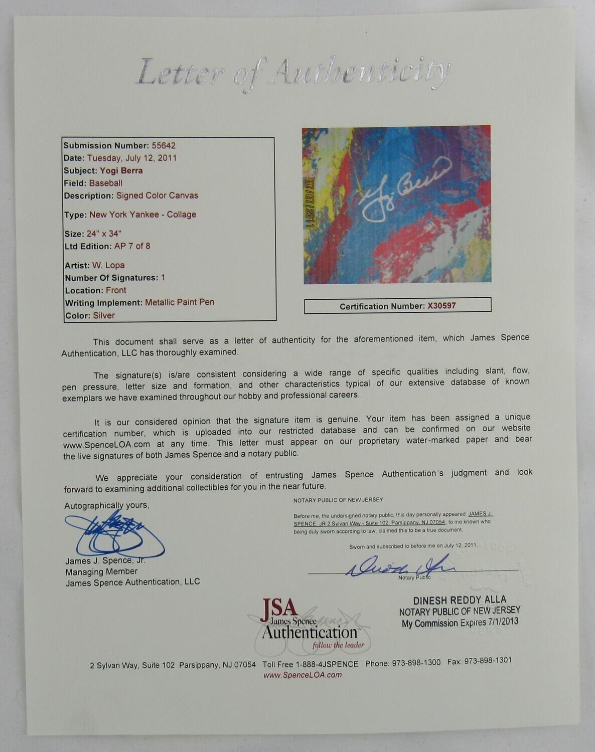 Yogi Berra & Bill Lopa Signed Yankees Custom Framed Canvas Painting (JSA & PSA) at PristineAuction.com Yogi Berra & Bill Lopa Signed Yankees Custom Framed Canvas Painting (JSA & PSA) at PristineAuction.com