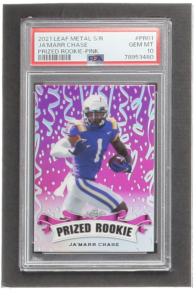 Ja'Marr Chase 2021 Leaf Metal Special Release Prized Rookie Rainbow Pink #PR01 RC #2/10 (PSA 10) at PristineAuction.com Ja'Marr Chase 2021 Leaf Metal Special Release Prized Rookie Rainbow Pink #PR01 RC #2/10 (PSA 10) at PristineAuction.com