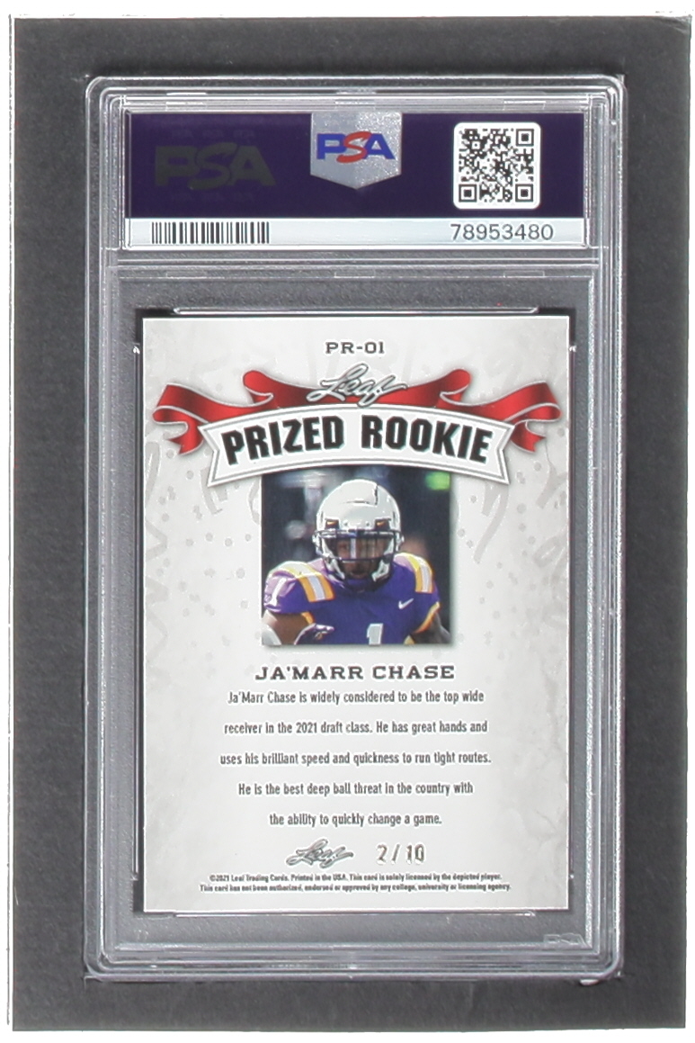 Ja'Marr Chase 2021 Leaf Metal Special Release Prized Rookie Rainbow Pink #PR01 RC #2/10 (PSA 10) at PristineAuction.com Ja'Marr Chase 2021 Leaf Metal Special Release Prized Rookie Rainbow Pink #PR01 RC #2/10 (PSA 10) at PristineAuction.com