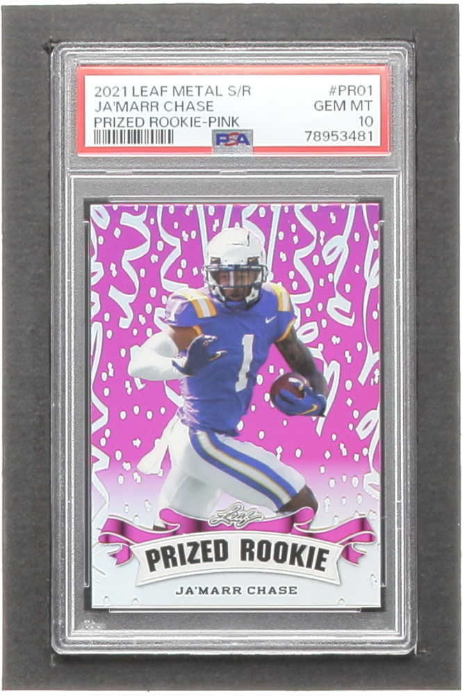 Ja'Marr Chase 2021 Leaf Metal Special Release Prized Rookie Rainbow Pink #PR01 RC #1/10 (PSA 10) at PristineAuction.com Ja'Marr Chase 2021 Leaf Metal Special Release Prized Rookie Rainbow Pink #PR01 RC #1/10 (PSA 10) at PristineAuction.com