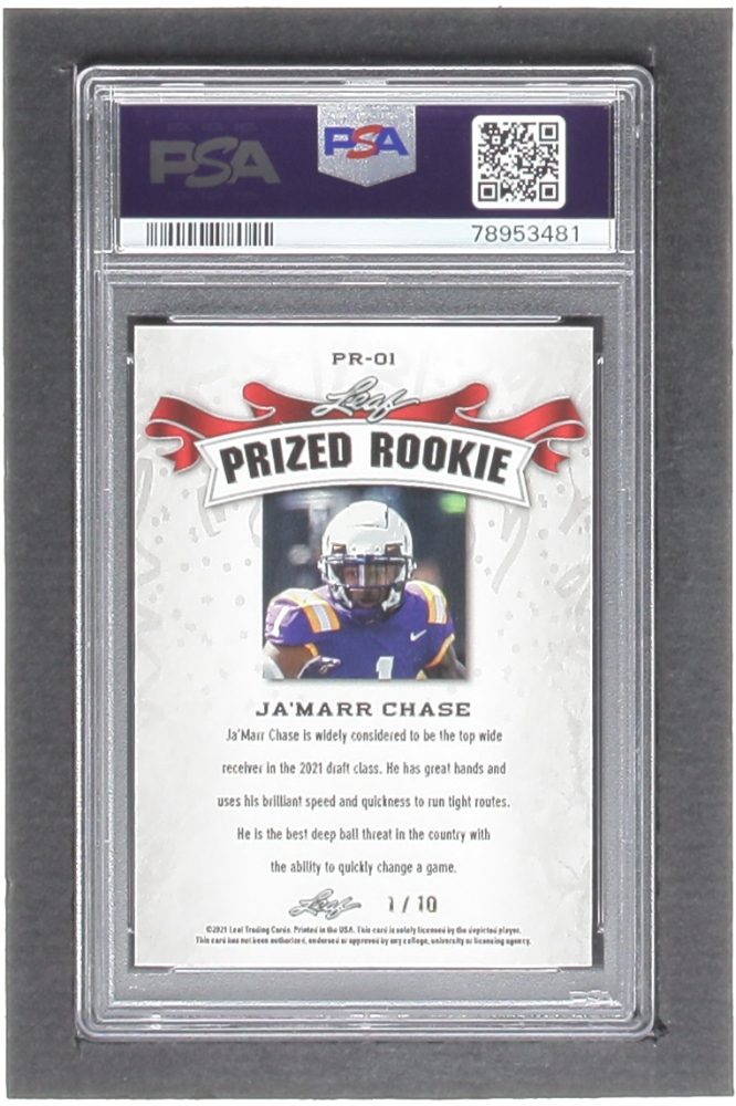 Ja'Marr Chase 2021 Leaf Metal Special Release Prized Rookie Rainbow Pink #PR01 RC #1/10 (PSA 10) at PristineAuction.com Ja'Marr Chase 2021 Leaf Metal Special Release Prized Rookie Rainbow Pink #PR01 RC #1/10 (PSA 10) at PristineAuction.com