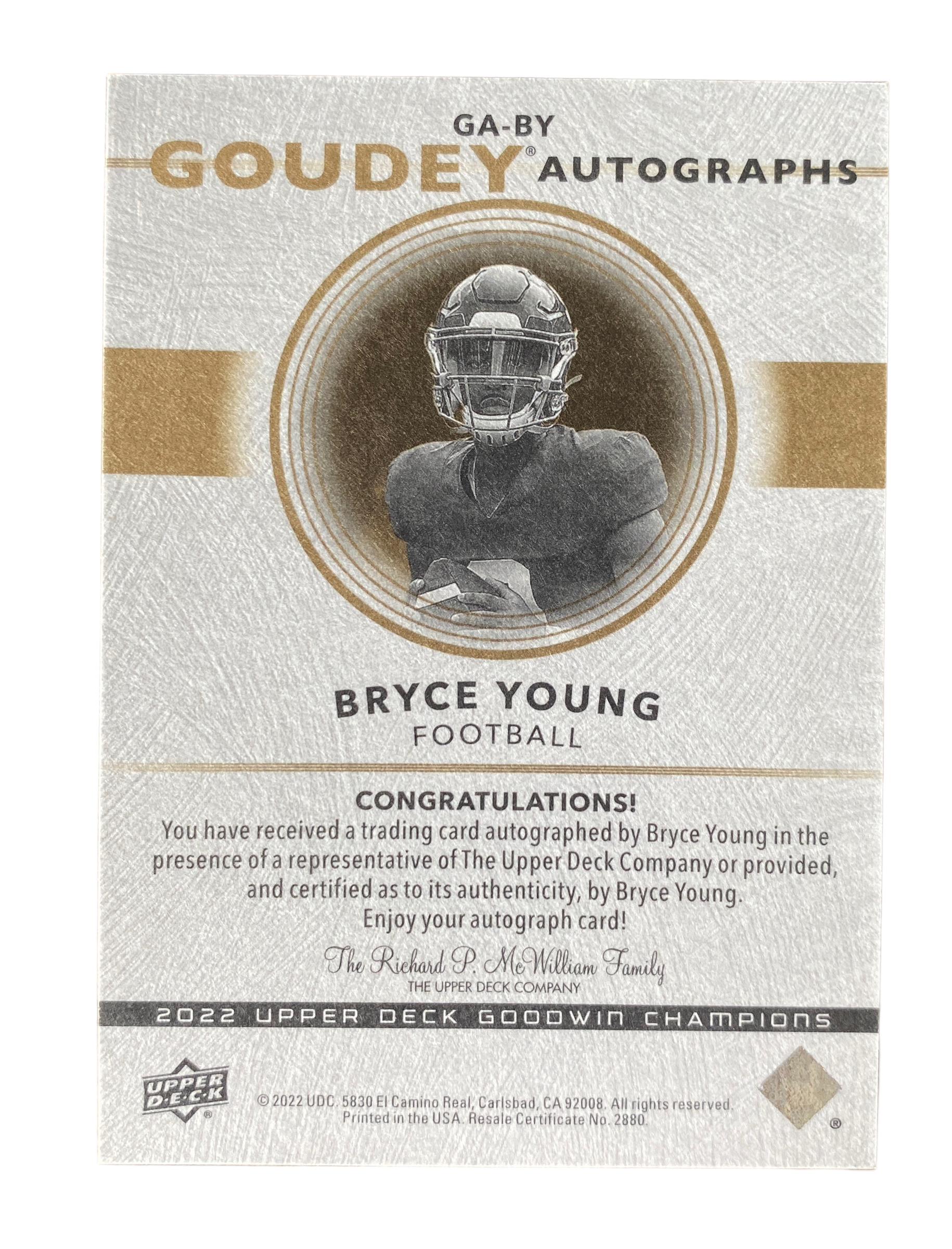 Bryce Young 2022 Upper Deck Goodwin Champions Goudey Autographs #GABY RC at PristineAuction.com Bryce Young 2022 Upper Deck Goodwin Champions Goudey Autographs #GABY RC at PristineAuction.com