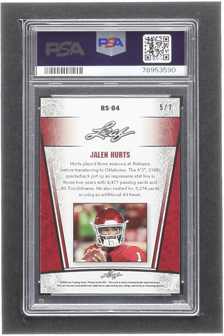 Jalen Hurts 2020 Leaf Metal Special Release Rookie Silver Rainbow Black #SR2004 RC #5/7 (PSA 10) at PristineAuction.com Jalen Hurts 2020 Leaf Metal Special Release Rookie Silver Rainbow Black #SR2004 RC #5/7 (PSA 10) at PristineAuction.com