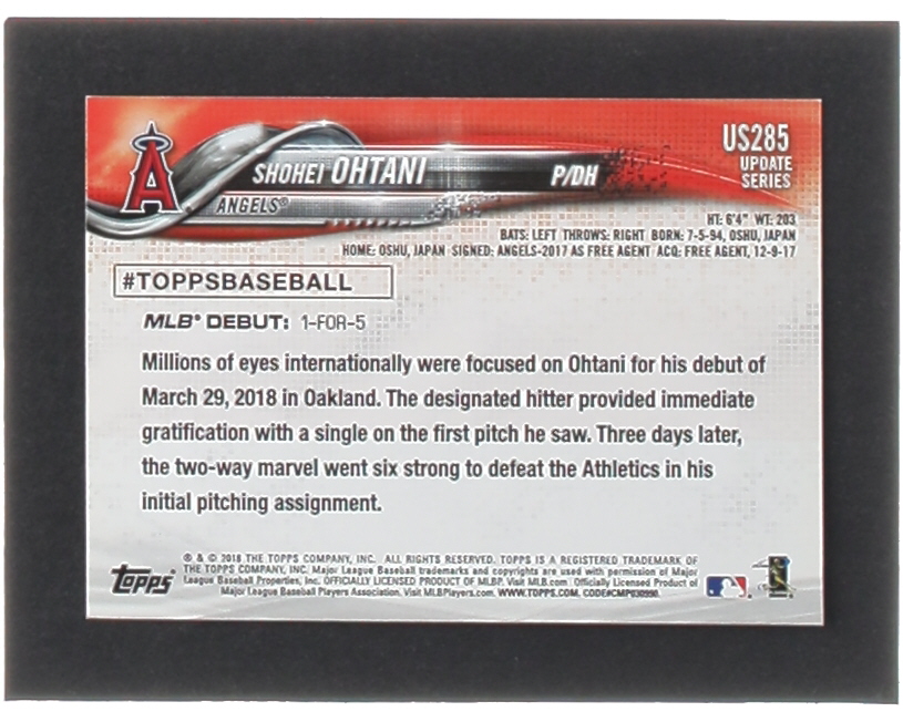 Shohei Ohtani 2018 Topps Update #US285 RD at PristineAuction.com Shohei Ohtani 2018 Topps Update #US285 RD at PristineAuction.com