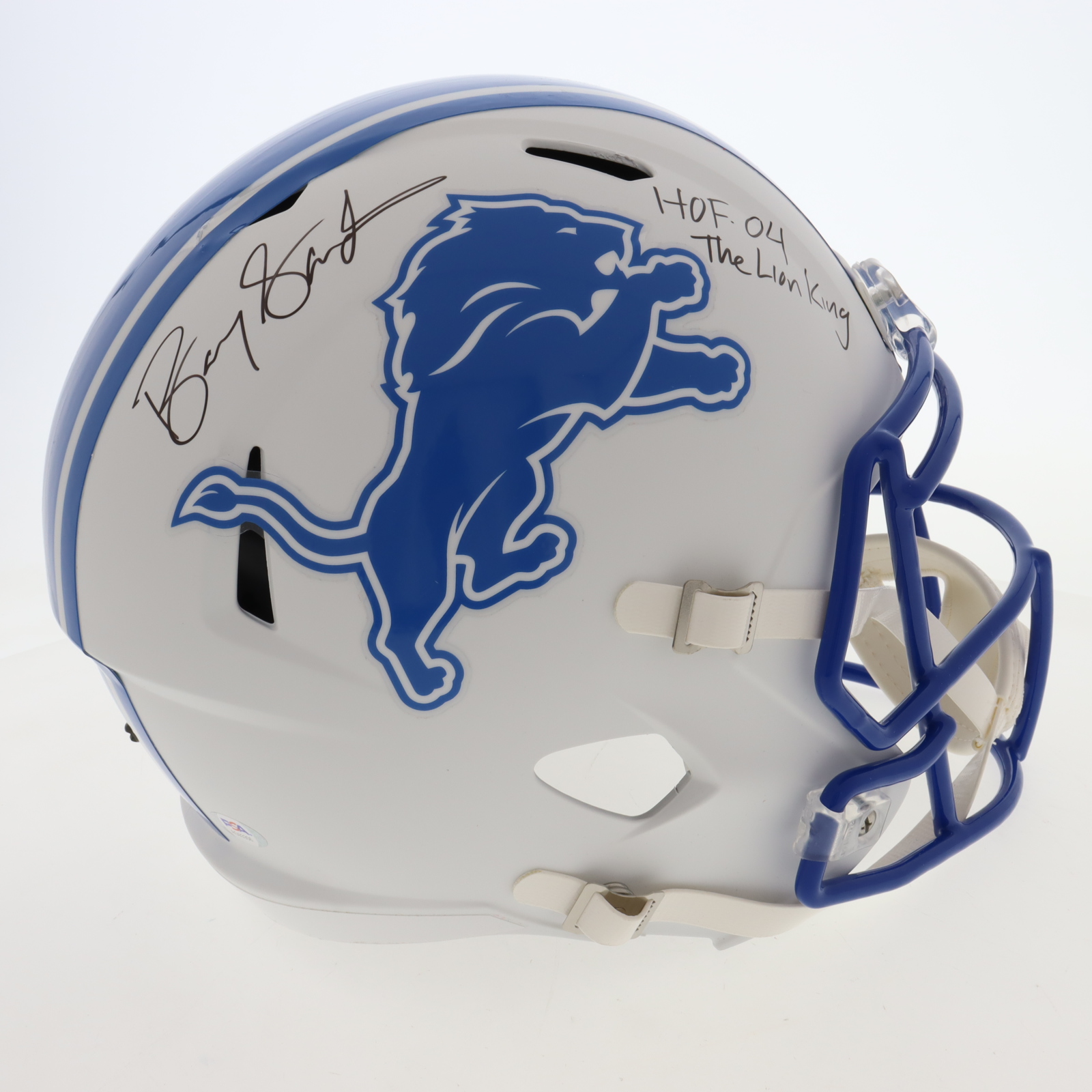 Barry Sanders Signed Lions Full-Size Speed Helmet Inscribed The Lion King" HOF 04" (PSA & Schwartz) at PristineAuction.com Barry Sanders Signed Lions Full-Size Speed Helmet Inscribed The Lion King" HOF 04" (PSA & Schwartz) at PristineAuction.com