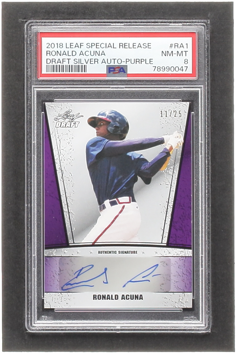 Ronald Acuna 2018 Leaf Special Release Draft Silver Purple #DSA-RA1 #11/25 RC (PSA 8) at PristineAuction.com Ronald Acuna 2018 Leaf Special Release Draft Silver Purple #DSA-RA1 #11/25 RC (PSA 8) at PristineAuction.com