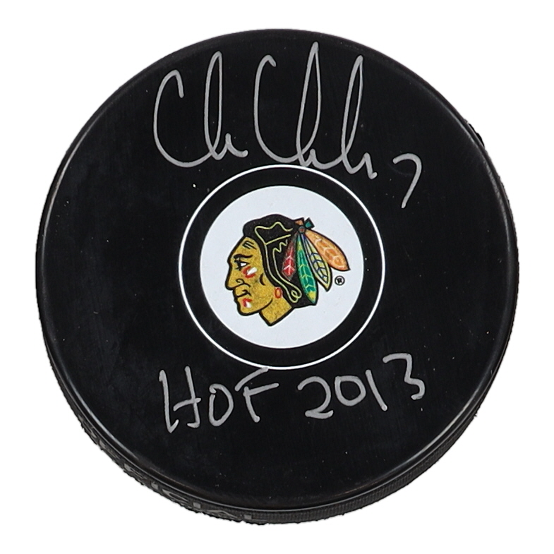 Chris Chelios Signed Blackhawks Logo Hockey Puck Inscribed "HOF 2013" (Beckett) at PristineAuction.com Chris Chelios Signed Blackhawks Logo Hockey Puck Inscribed "HOF 2013" (Beckett) at PristineAuction.com