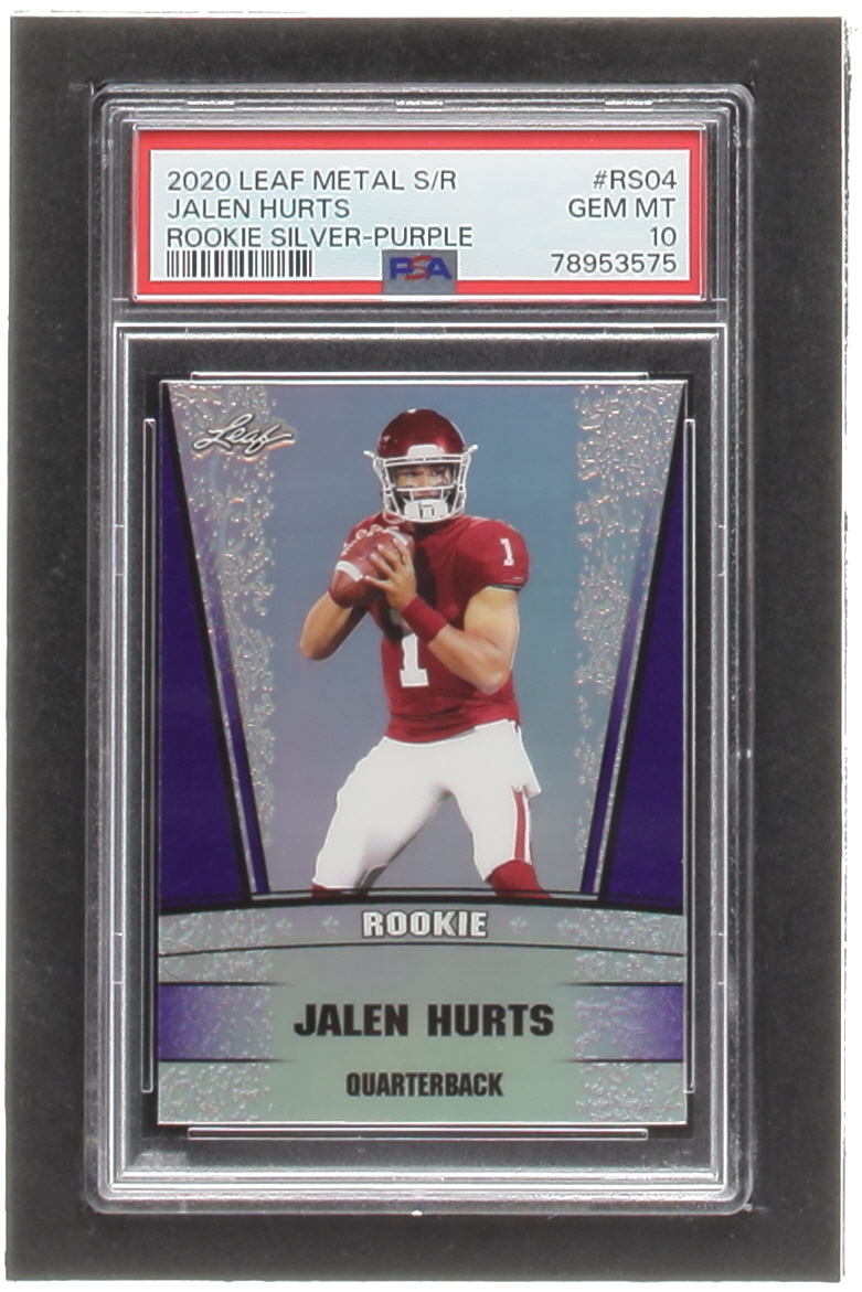 Jalen Hurts 2020 Leaf Metal Special Release Rookie Silver Rainbow Purple #SR2004 RC #13/15 (PSA 10) at PristineAuction.com Jalen Hurts 2020 Leaf Metal Special Release Rookie Silver Rainbow Purple #SR2004 RC #13/15 (PSA 10) at PristineAuction.com