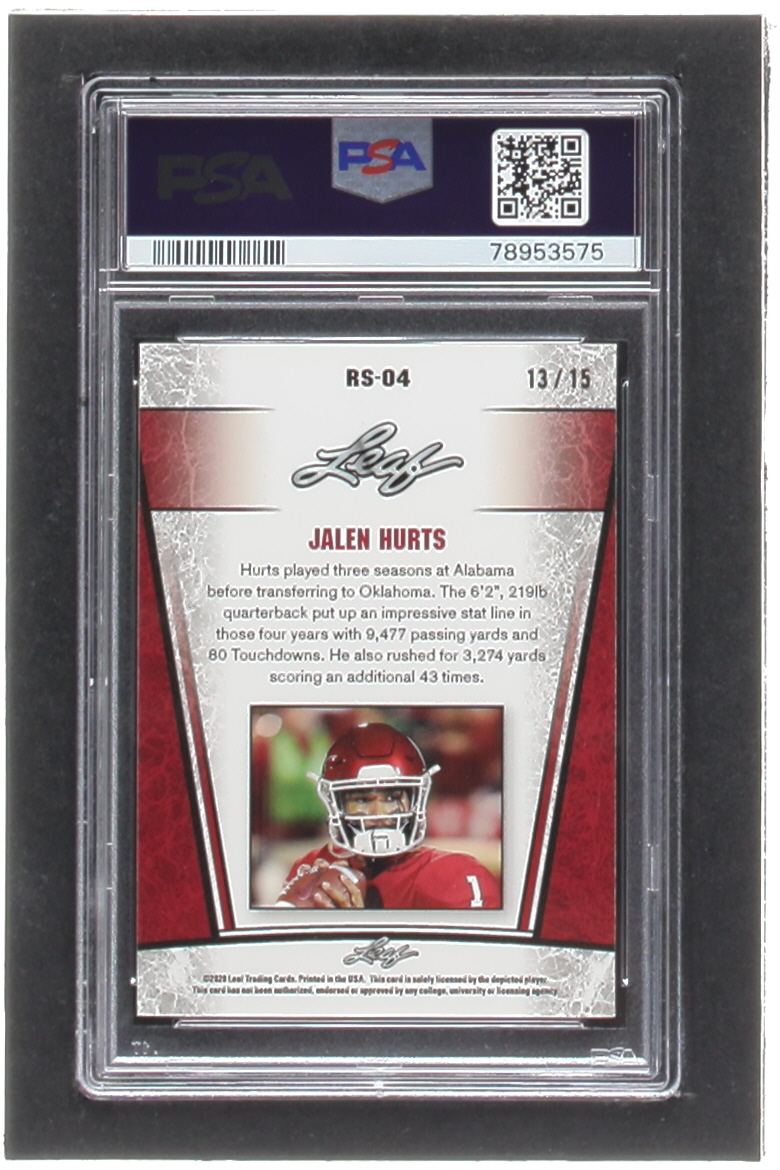Jalen Hurts 2020 Leaf Metal Special Release Rookie Silver Rainbow Purple #SR2004 RC #13/15 (PSA 10) at PristineAuction.com Jalen Hurts 2020 Leaf Metal Special Release Rookie Silver Rainbow Purple #SR2004 RC #13/15 (PSA 10) at PristineAuction.com
