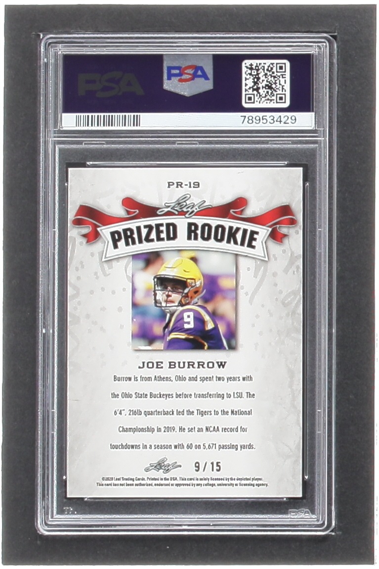 Joe Burrow 2020 Leaf Metal Special Release Prized Rookie Rainbow Purple #PR2019 RC #9/15 (PSA 10) at PristineAuction.com Joe Burrow 2020 Leaf Metal Special Release Prized Rookie Rainbow Purple #PR2019 RC #9/15 (PSA 10) at PristineAuction.com