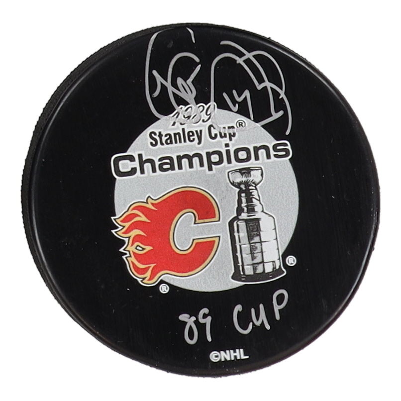 Theoren Fleury Signed Flames Logo Hockey Puck Inscribed "89 Cup" (COJO) at PristineAuction.com Theoren Fleury Signed Flames Logo Hockey Puck Inscribed "89 Cup" (COJO) at PristineAuction.com