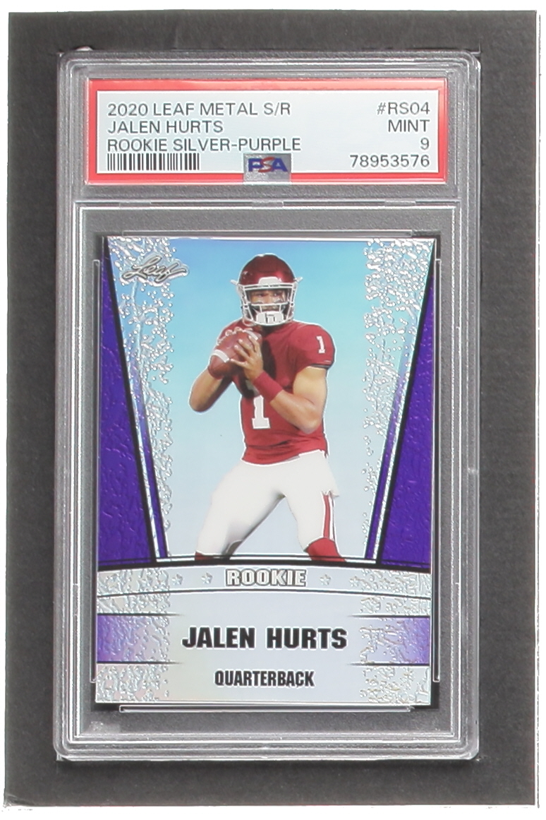 Jalen Hurts 2020 Leaf Metal Special Release Rookie Silver Rainbow Purple #SR2004 RC #14/15 (PSA 9) at PristineAuction.com Jalen Hurts 2020 Leaf Metal Special Release Rookie Silver Rainbow Purple #SR2004 RC #14/15 (PSA 9) at PristineAuction.com