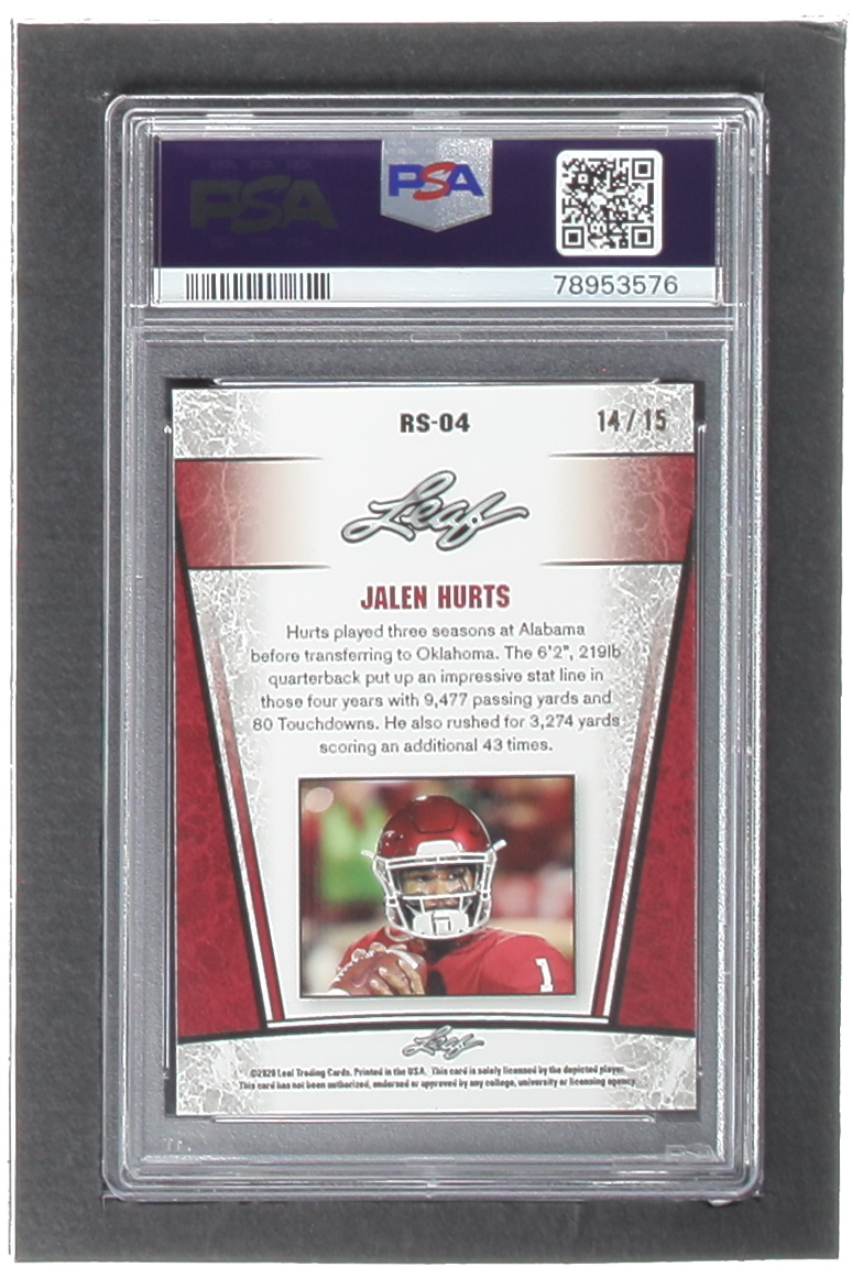Jalen Hurts 2020 Leaf Metal Special Release Rookie Silver Rainbow Purple #SR2004 RC #14/15 (PSA 9) at PristineAuction.com Jalen Hurts 2020 Leaf Metal Special Release Rookie Silver Rainbow Purple #SR2004 RC #14/15 (PSA 9) at PristineAuction.com