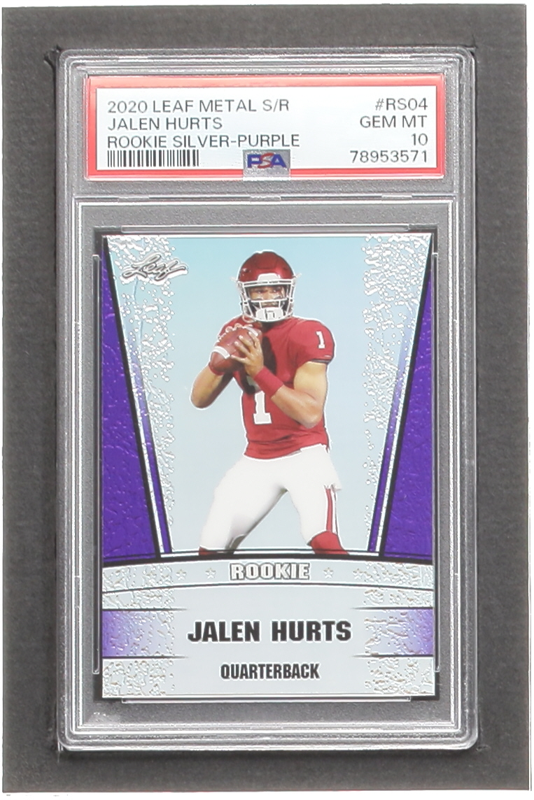 Jalen Hurts 2020 Leaf Metal Special Release Rookie Silver Rainbow Purple #SR2004 RC #9/15 (PSA 10) at PristineAuction.com Jalen Hurts 2020 Leaf Metal Special Release Rookie Silver Rainbow Purple #SR2004 RC #9/15 (PSA 10) at PristineAuction.com