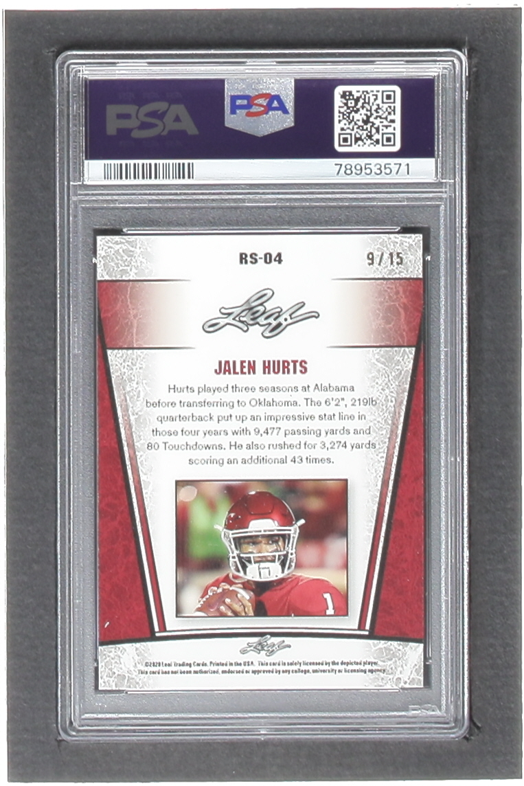 Jalen Hurts 2020 Leaf Metal Special Release Rookie Silver Rainbow Purple #SR2004 RC #9/15 (PSA 10) at PristineAuction.com Jalen Hurts 2020 Leaf Metal Special Release Rookie Silver Rainbow Purple #SR2004 RC #9/15 (PSA 10) at PristineAuction.com
