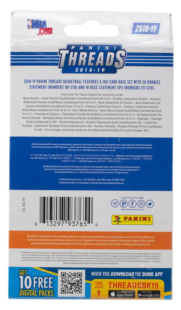 2018-19 Panini Threads Basketball Hanger Box with (20) Cards at PristineAuction.com 2018-19 Panini Threads Basketball Hanger Box with (20) Cards at PristineAuction.com