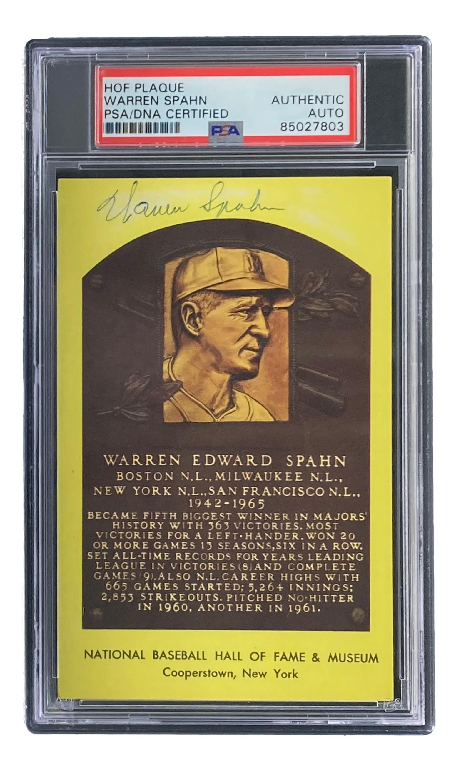 Warren Spahn Signed Hall of Fame Plaque Postcard (PSA) at PristineAuction.com Warren Spahn Signed Hall of Fame Plaque Postcard (PSA) at PristineAuction.com
