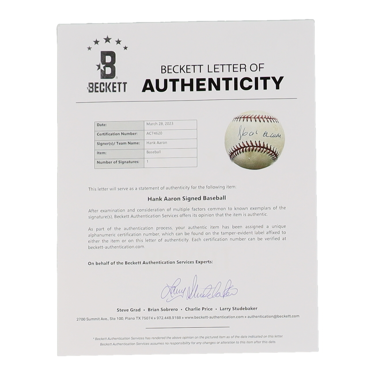 Hank Aaron Signed ONL Baseball (Beckett) at PristineAuction.com Hank Aaron Signed ONL Baseball (Beckett) at PristineAuction.com