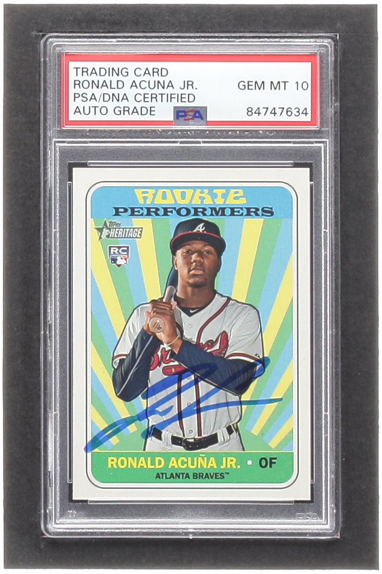 Ronald Acuna Jr. Signed 2018 Topps Heritage Rookie Performers #RPRA RC (PSA | Auto 10) at PristineAuction.com Ronald Acuna Jr. Signed 2018 Topps Heritage Rookie Performers #RPRA RC (PSA | Auto 10) at PristineAuction.com